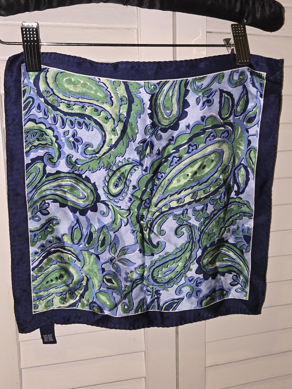 Vintage Ralph Lauren 100% Silk Pocket Square Scarf 12x12 Navy Blue Green Paisley